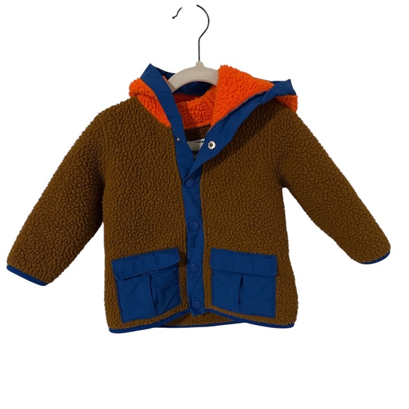 Old Navy Sherpa-Lined Hooded Jacket – Brown/Blue with Orange Lining (Size 12–18 - Picture 1 of 3